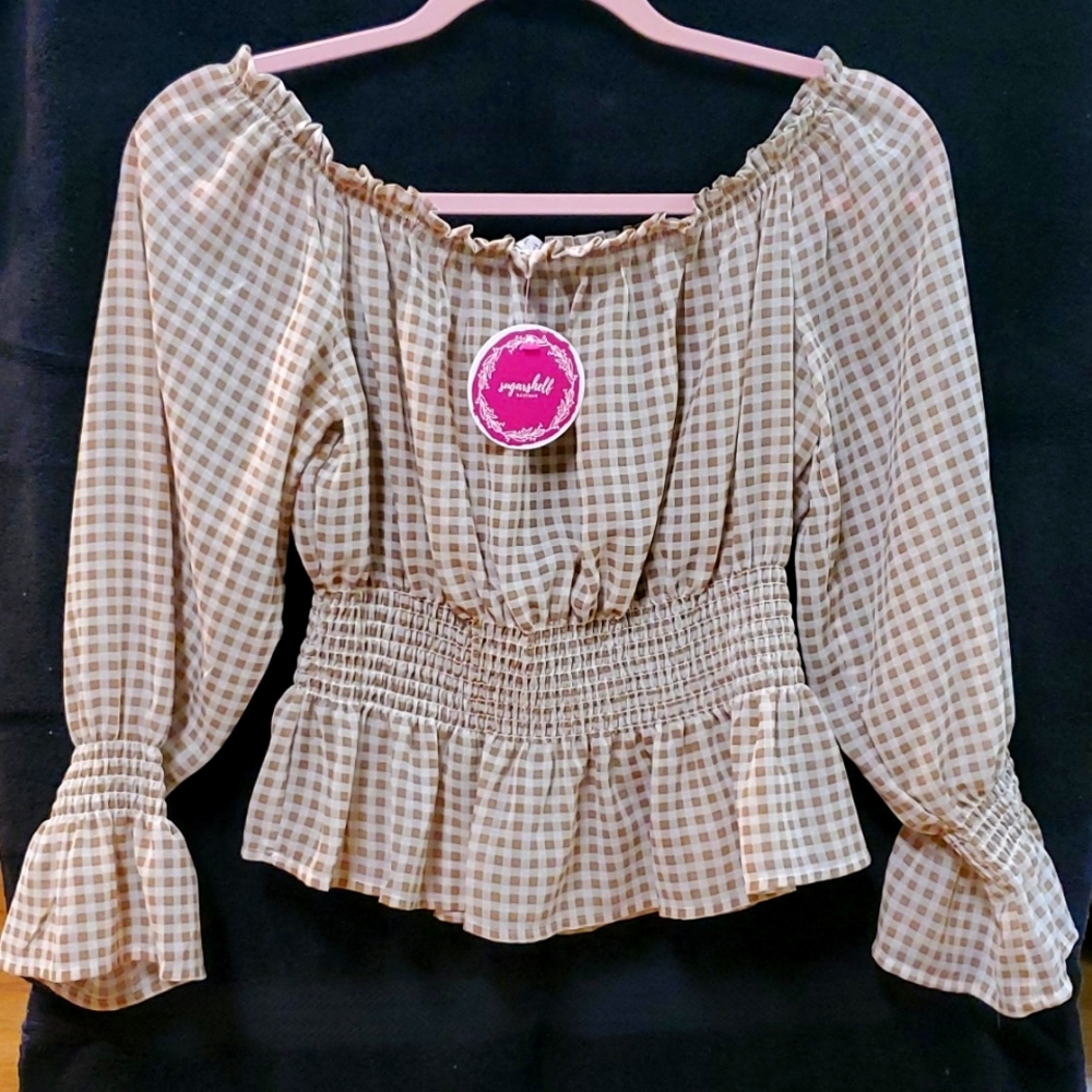 Taupe Smocked Gingham Off the Shoulder Mid lenth blouse/shirt